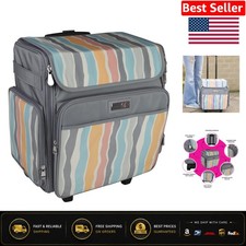 Durable 17-Compartment Rolling Craft Tote - Portable Grey Striped Organizer