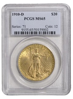 1910 D US Gold $20 Saint Gaudens Double Eagle PCGS MS65