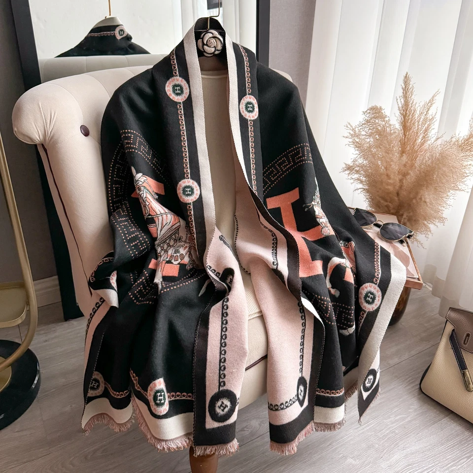 Luxury Oversized Shawl Blanket Scarf Black Pink Coral Horse Chain Print Fringed - Image 2 of 4