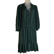 Knox Rose Women XXL Dark Green Long Sleeve Ruffle Neck Tiered Boho Rayon Dress