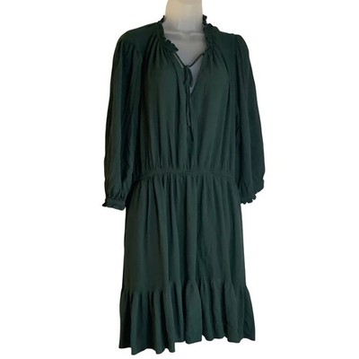 Knox Rose Women XXL Dark Green Long Sleeve Ruffle Neck Tiered Boho Rayon Dress