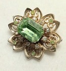 Filigree Brooch Goldtone Peridot Color Main Stone 1 1/2" x 1 1/3" Vintage?