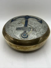 Vintage Trinket Box Enamel Brass Nautical Anchor Handcrafted Lid 5”