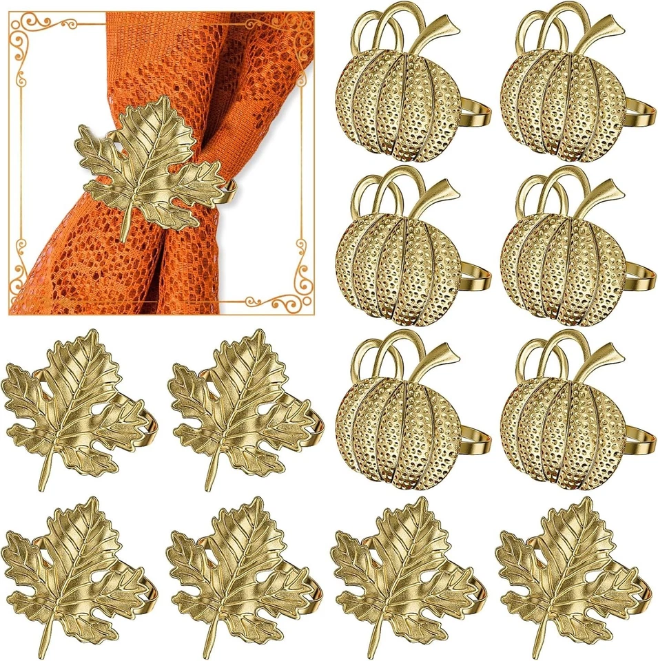 Set 12 Anelli Tovagliolo Autunno Ringraziamento Decorazione Tavola Foglia Zucca Metallo Oro - Immagine 3 di 4