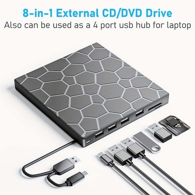 All in One, 8 in 1, Hub Genius, Multi Tool 8 in 1 CD/DVD Drive for Multi Tasking