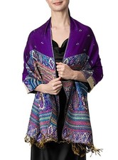 Reversible Bohemian Pashmina Ethnic Tribal Border Shawl Wrap Scarf Purple