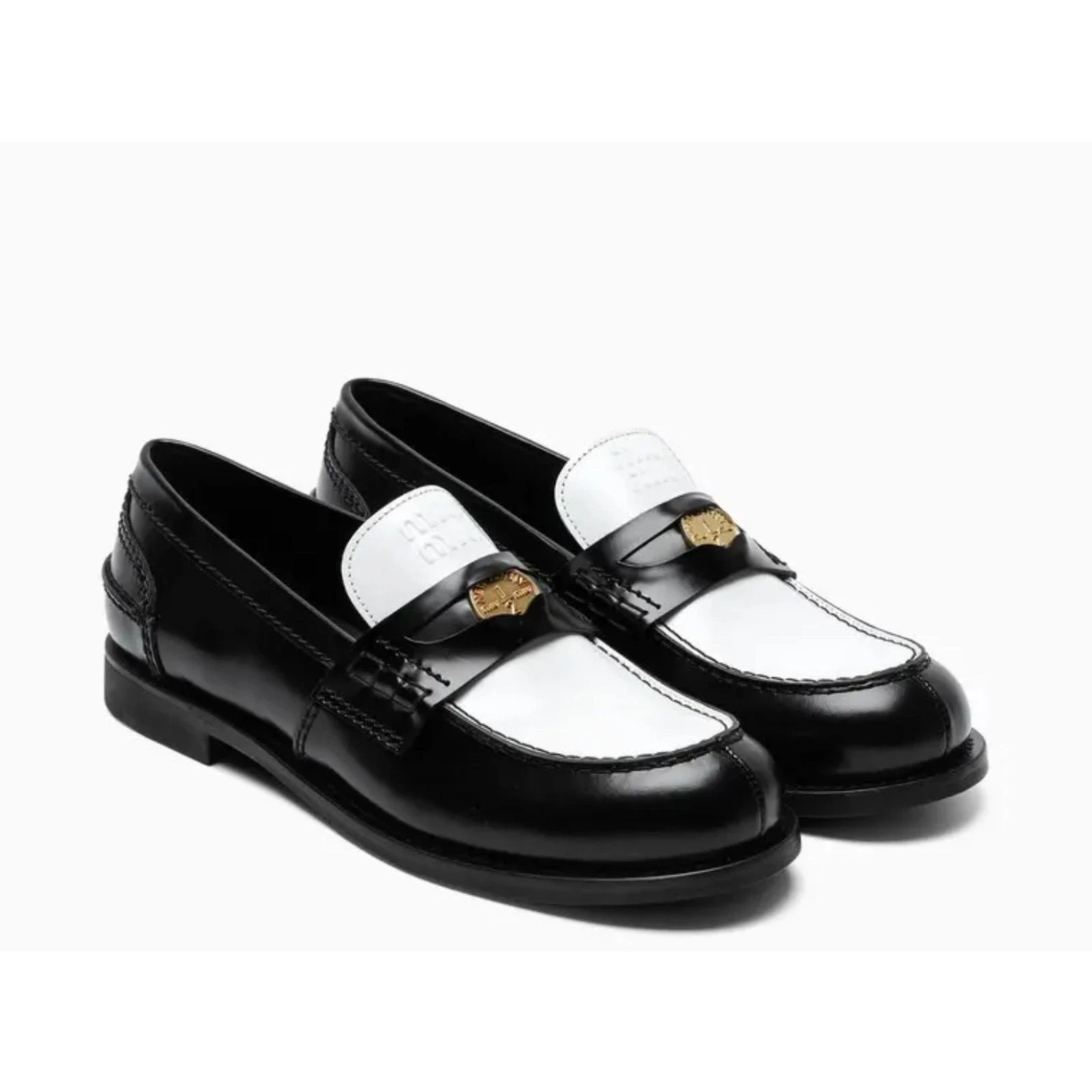 Miu Miu — MIU MIU Leather Penny Loafers Black/White Sz 42