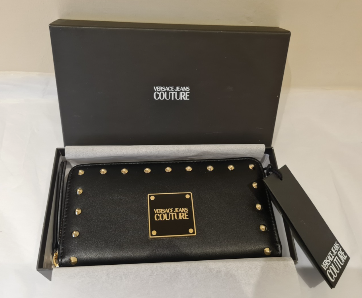 Versace Jeans Couture Black Zip Around Wallet Revolution Studs New with Box
