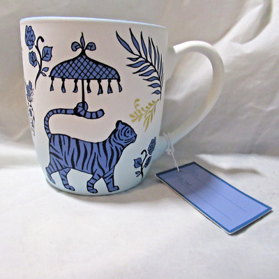 Luna &Sage Mug Blue Tiger  Parasol   4'' Tall Brand New/Tag Asian theme gold blue