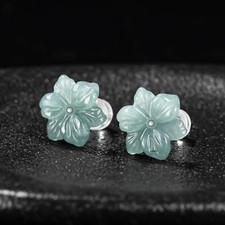 Solid 925 Sterling Silver Natural Grade A Jade jadeite 13mm Flower Stud Earrings