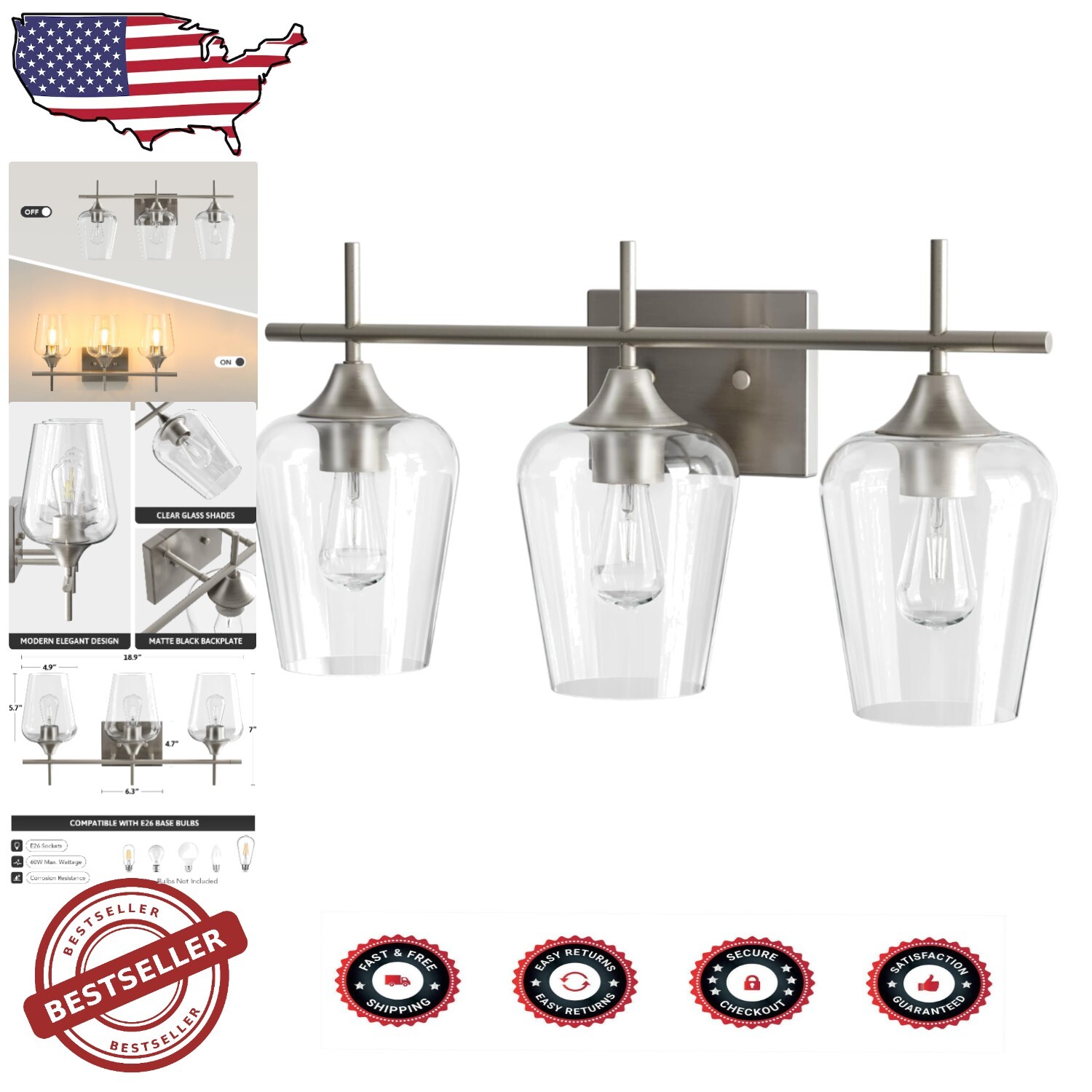 Modern 3-Light Bathroom Fixture with Clear Glass Shades & Brushed Nickel Finish