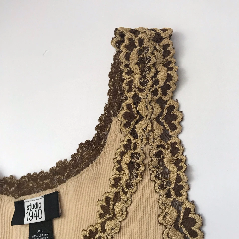 Camiseta sin mangas vintage Y2K 2000 XL acanalada cami ganchillo encaje hada grunge beige marrón Bella Foto 4 de 4