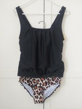 Women Lady Tankini Set Swimsuit Padded Black Top, Cheetah Brief Swimwear