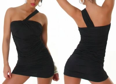 SeXy Miss Robe Mini Bretelle Une Épaule Avec Nœud Push-up Noire TOP XS/S NEU - Photo 1/2