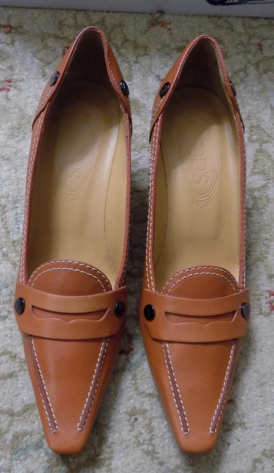 $795 TOD'S 2.25" Gatito Tacones Penny Mocasín Punta Punta Naranja Cuero 6.5 Elegante Foto 2 de 4