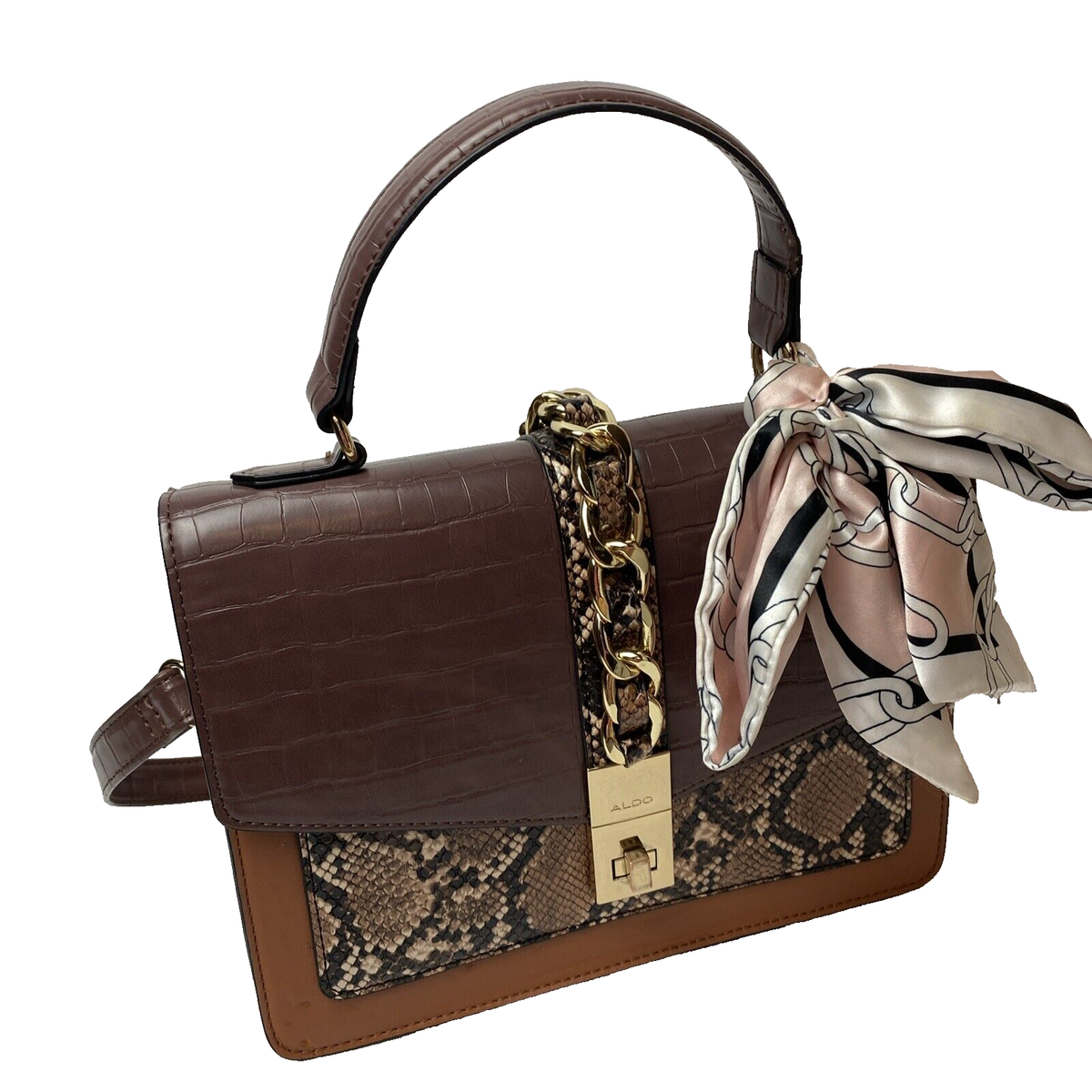 ALDO Cailla Top Handle Brown Color Block Shoulder Bag With Scarf