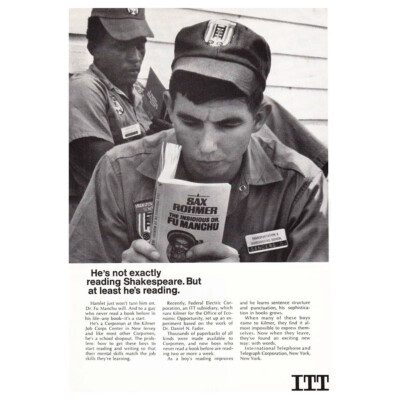 1967 ITT: He's not exactly reading Shakespeare Vintage Print Ad