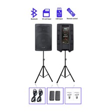 2 Professional Powered Karaoke Speakers W/ 2 Adjustable Height DJ Speaker Stands