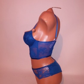 Victoria Secret Bra Set Bombshell Push Up Cheeky Panty Blue Lace Long Line New