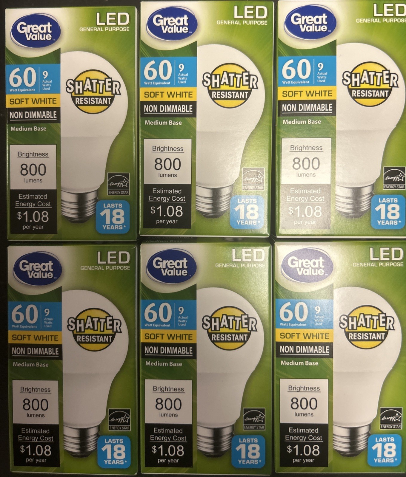 6 PACK Great Value LED Soft White Non Dimmable 60W 800 Lumen