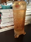 Antique Marigold Carnival Glass Hatpin Holder Orange Tree Peacock Foot c1905