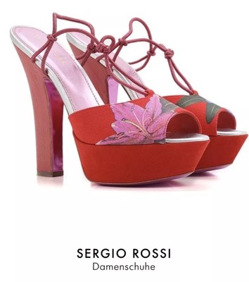 Sergio Rossi   High Heels Sandalen Pumps hoch Blumen Leder Holz rot 38.5 38 neu