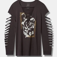 Torrid T-Shirt 1X Black Slashed Punk Roses Classic Long Sleeve Tee Plus Top New