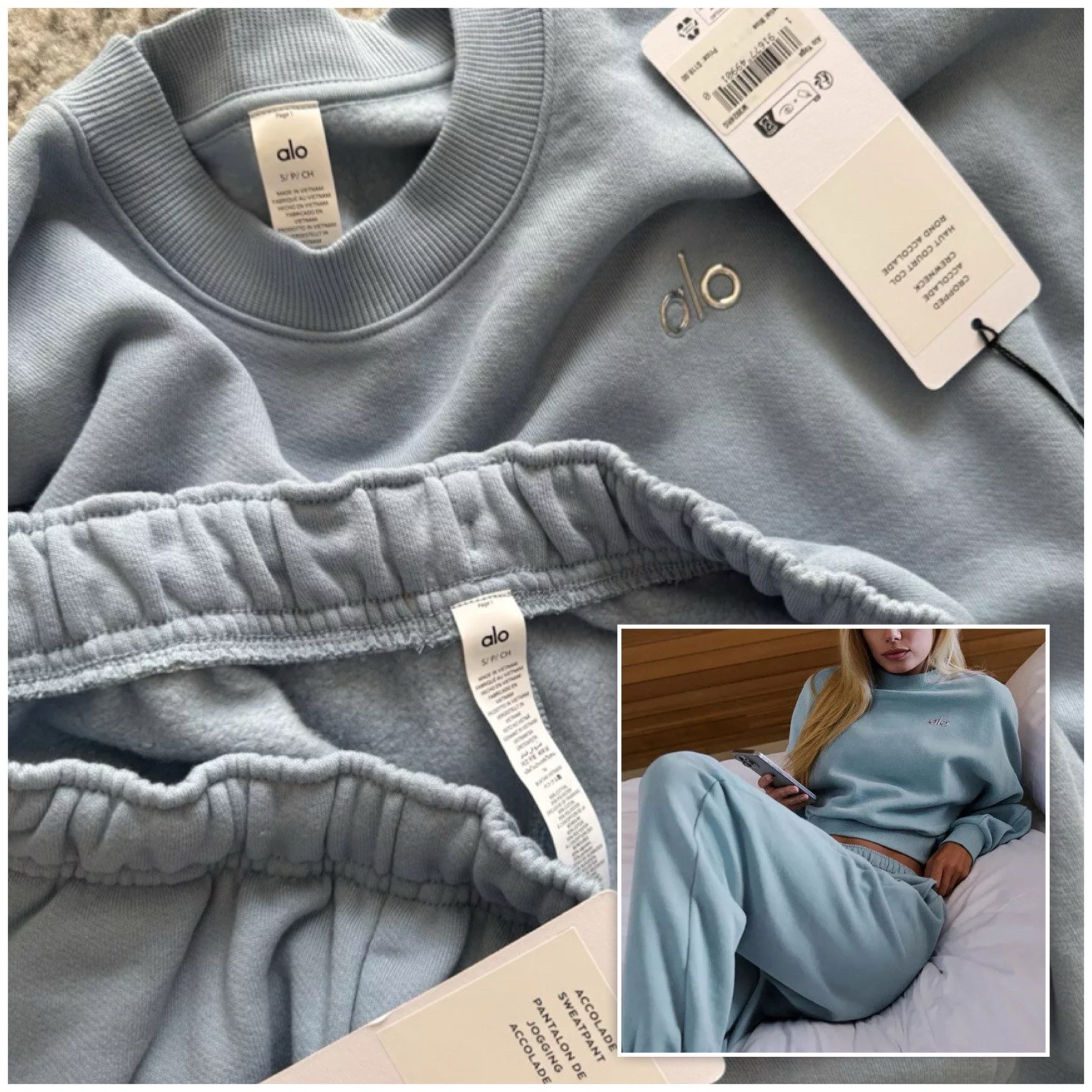 ALO Yoga CELESTIAL BLUE Accolade Cropped Crew And Sweatpants. Size