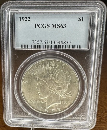 1922 Peace Dollar PCGS MS63 – Brilliant Mint State – High Luster