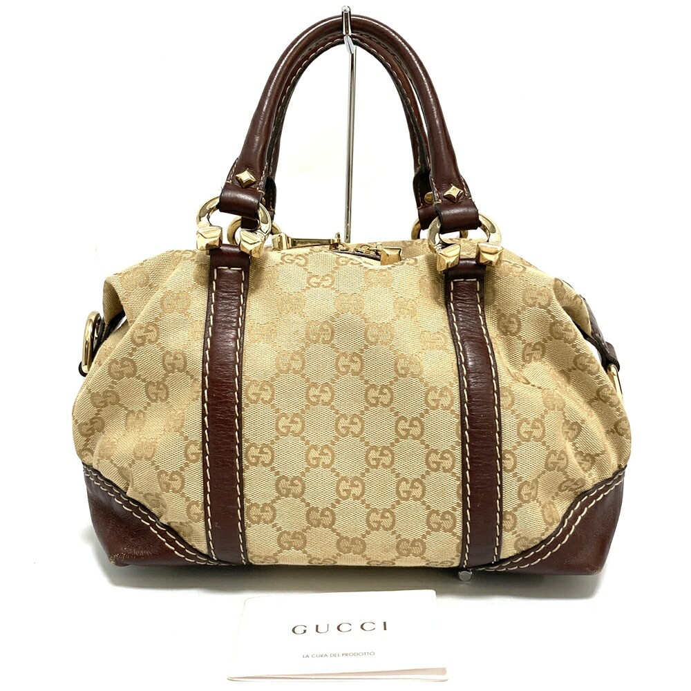 Gucci GG Mini Boston Handbag in Brown Beige Leather and Canvas