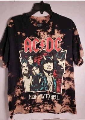 AC/DC Men's Highway To Hell Heavy Metal Rock T-Shirt - Black Bleach Wash - LARGE