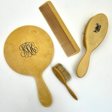 Vintage Pyralin Vanity Set 4pc Mirror Brush Comb Celluloid Dresser Set Monogram