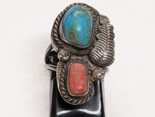 VINTAGE STERLING SILVER TURQUOISE CORAL NATIVE AMERICAN RING SIZE 5 3/4 - 6