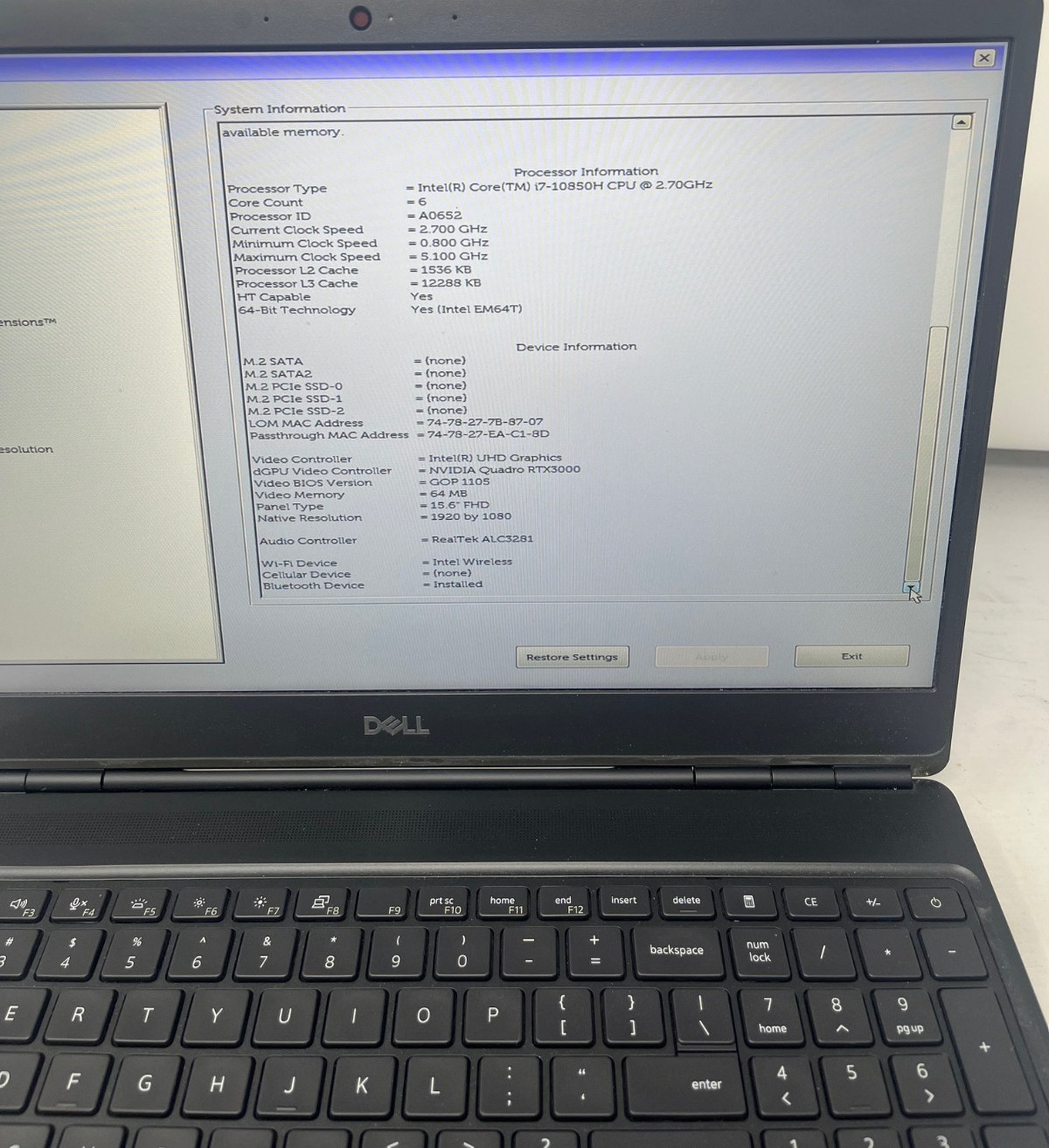 Dell 7550, 15.6-Inch Laptop, with Intel Core i7 11th Gen., No OS
