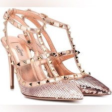 Valentino Rockstud Rose Gold Sequin Pointed Toe Heels Size 39 US 9