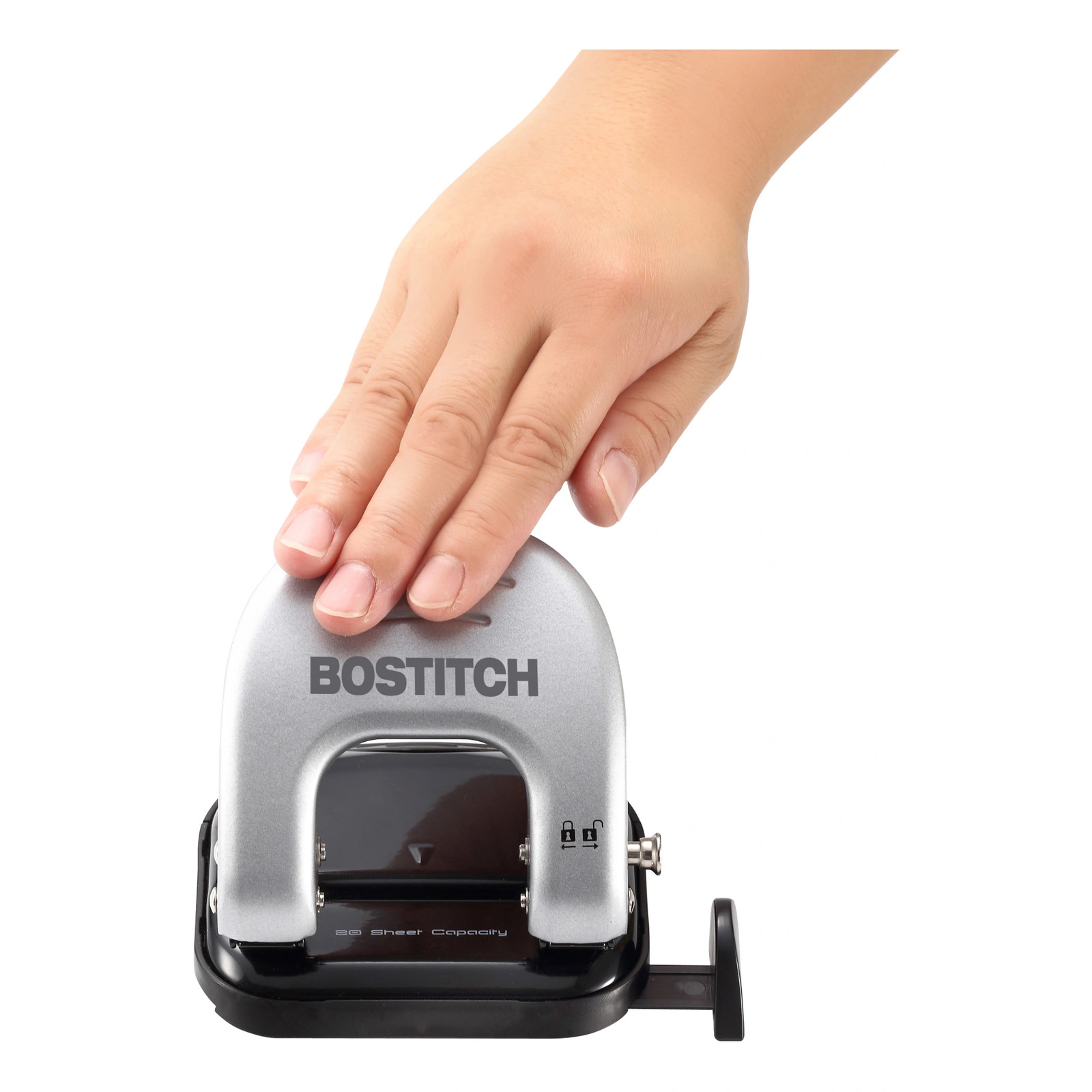 Bostitch EZ Squeeze Two-Hole Punch, 20 Sheet Capacity, Black/Gray