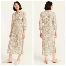 J Crew Midi Shirt Dress Bold Leopard Print Size 2 Belted Tie Waist Tan Cream