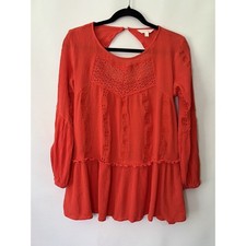 Adiva Top Womens Small Red Peasant Tunic Long Sleeve Lace Details Round Neck 