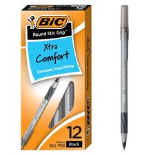 BIC Round Stic Grip Xtra Comfort Black Ballpoint 12 Count Pack of 1 ,