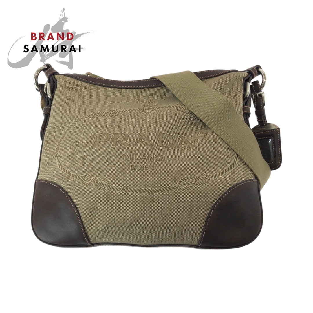 RARE PRADA Jacquard Canvas Shoulder Bag Brown Silver Hardware Pochett