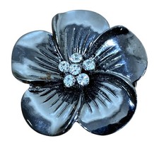 Black Silver Tone Blossom Statement Cocktail Ring Rhinestone Stretch Band - READ