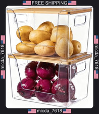 2 Pack Clear Pantry Organizers with Bamboo Lids for Kitchen Storage