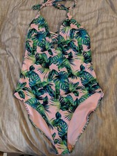 Ladies Pink Green Tropical Leaf Print Halter Neck Swimsuit Size 6 By Primark