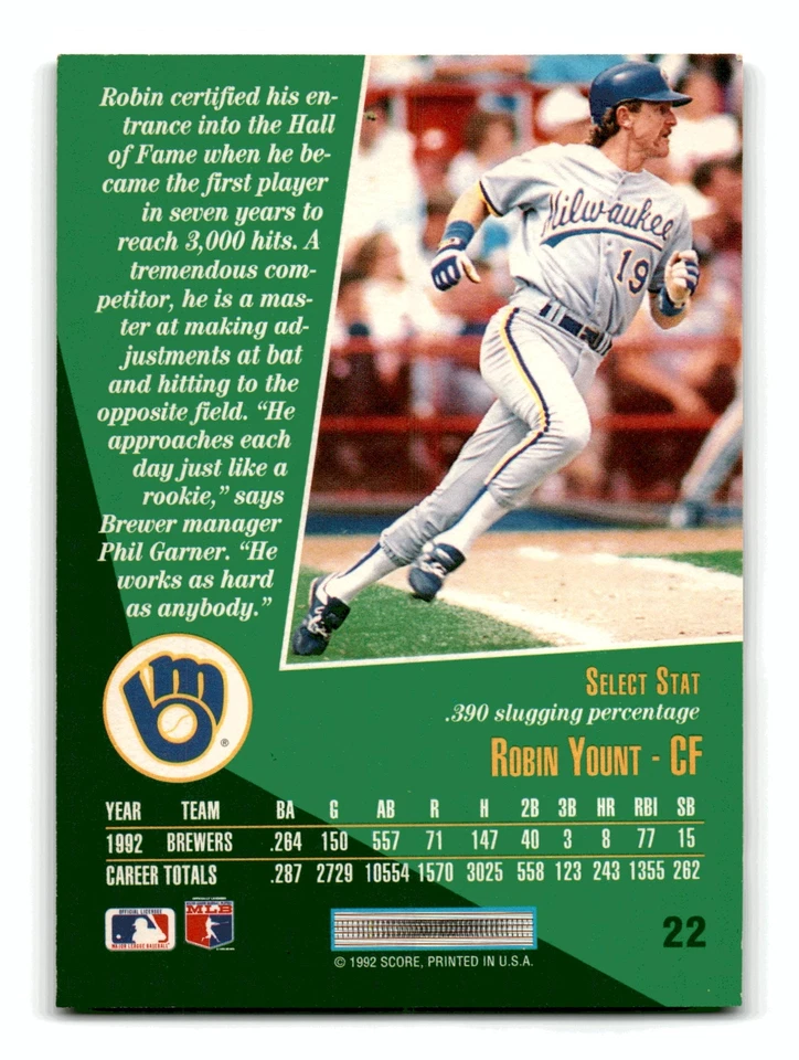 Robin Yount 1993 Select #22 HOF Milwaukee Brewers High Grade Mint - Image 2 of 2