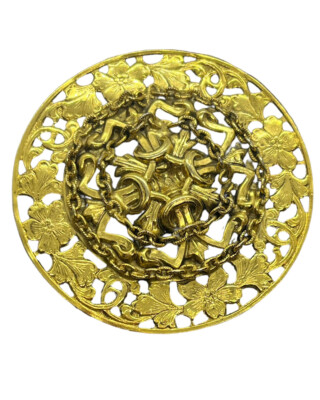 Freirich signed vintage large gold tone ornate round shield disc brooch pin 