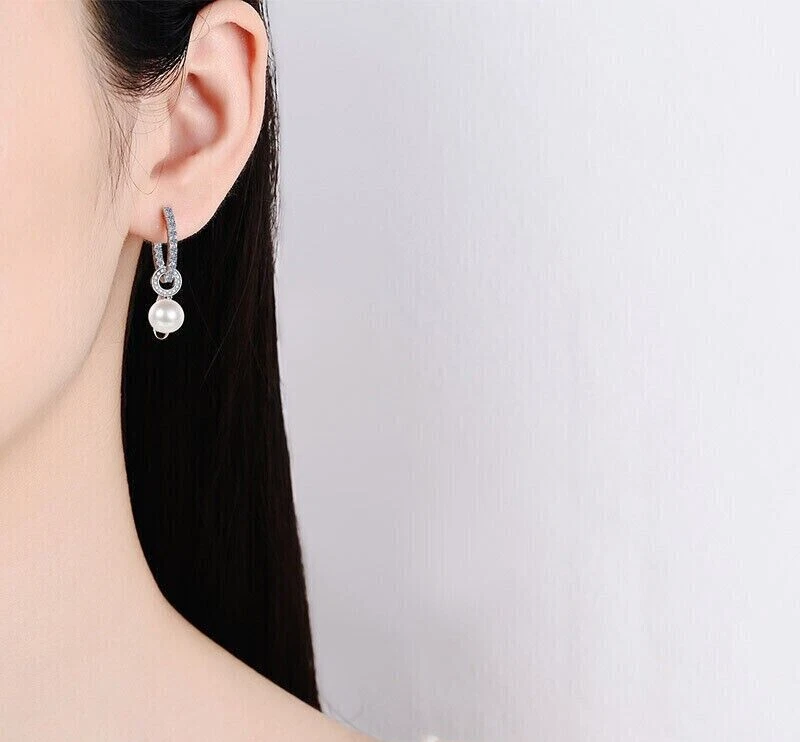 2.70 Ct Round Pearl and Real Moissanite Hook Drop Earrings 14K White Gold Plated - Image 2 of 4