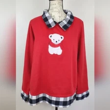 Country Store Polar Bear Pullover Sweatshirt Sz XL Red Plaid Trim Winter Holiday