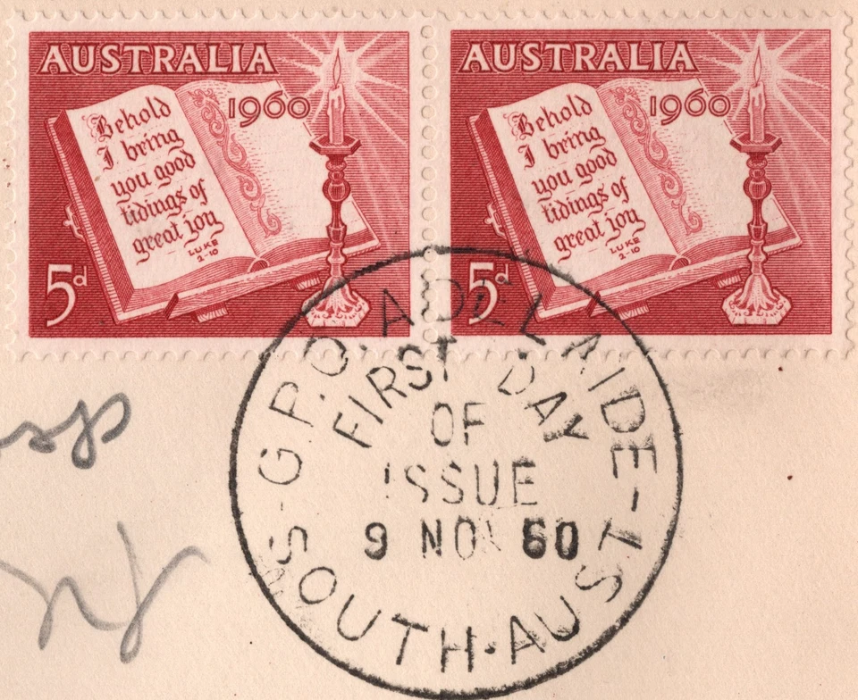 AUSTRALIA 1960 CHRISTMAS FDC+A PAIR OF 5P BIBLE-STAMPS ADELAIDE TO LOS ANGELES, - Image 3 of 4