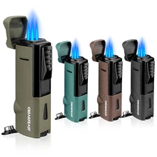 Triple Jet Flame Butane Cigar Torch Lighter with Punch Stand Refillable Windproo