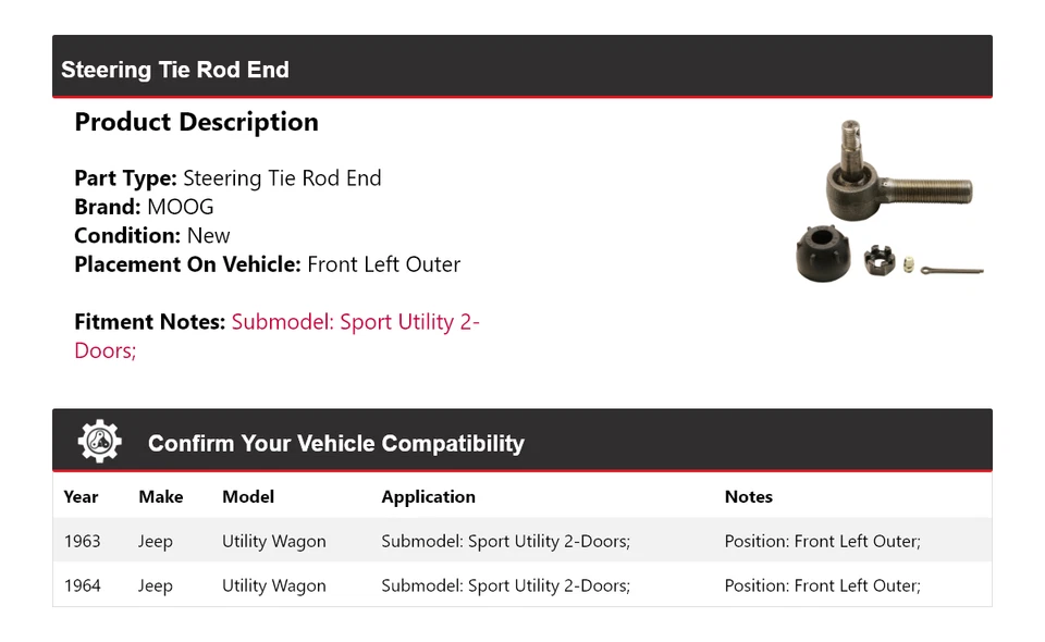 Para Jeep Utility Wagon 1963-1964 extremo de barra de dirección delantero izquierdo exterior MOOG Foto 2 de 4